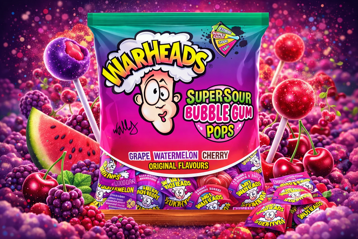 Warheads Super Sour Bubble Gum Pops – Original Flavours - 105g - (USA)