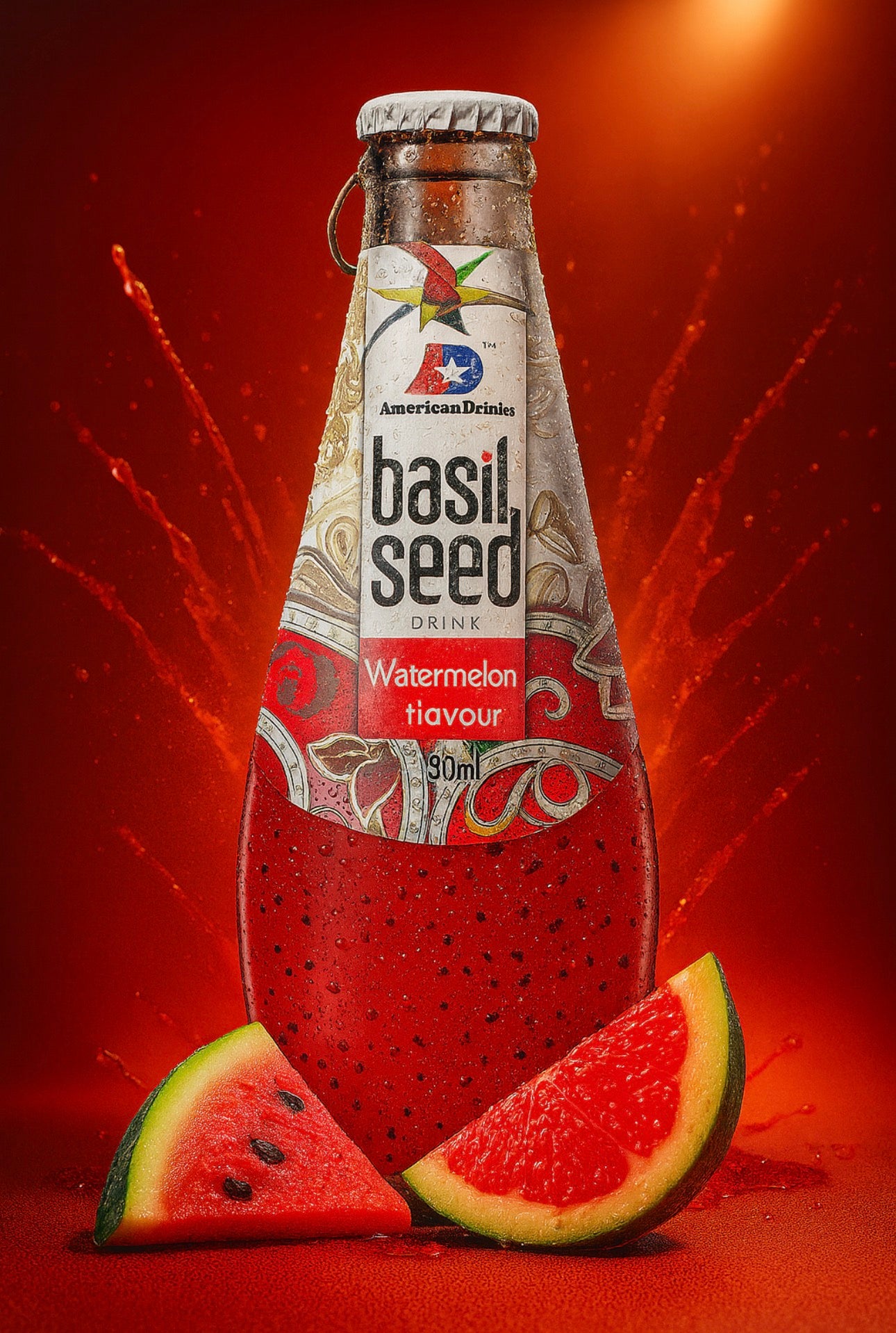 AmericanDrinks - Basil Seed Drink Watermelon Flavour 0,29l Glasflasche (VITNAM / THAILAND))
