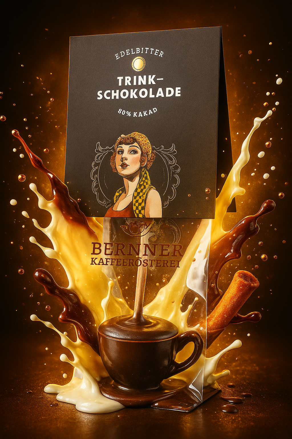 Trinkschokoladenstick Edelbitterschokolade 80% Trinkschokolade am Holzlöffel / Stiel