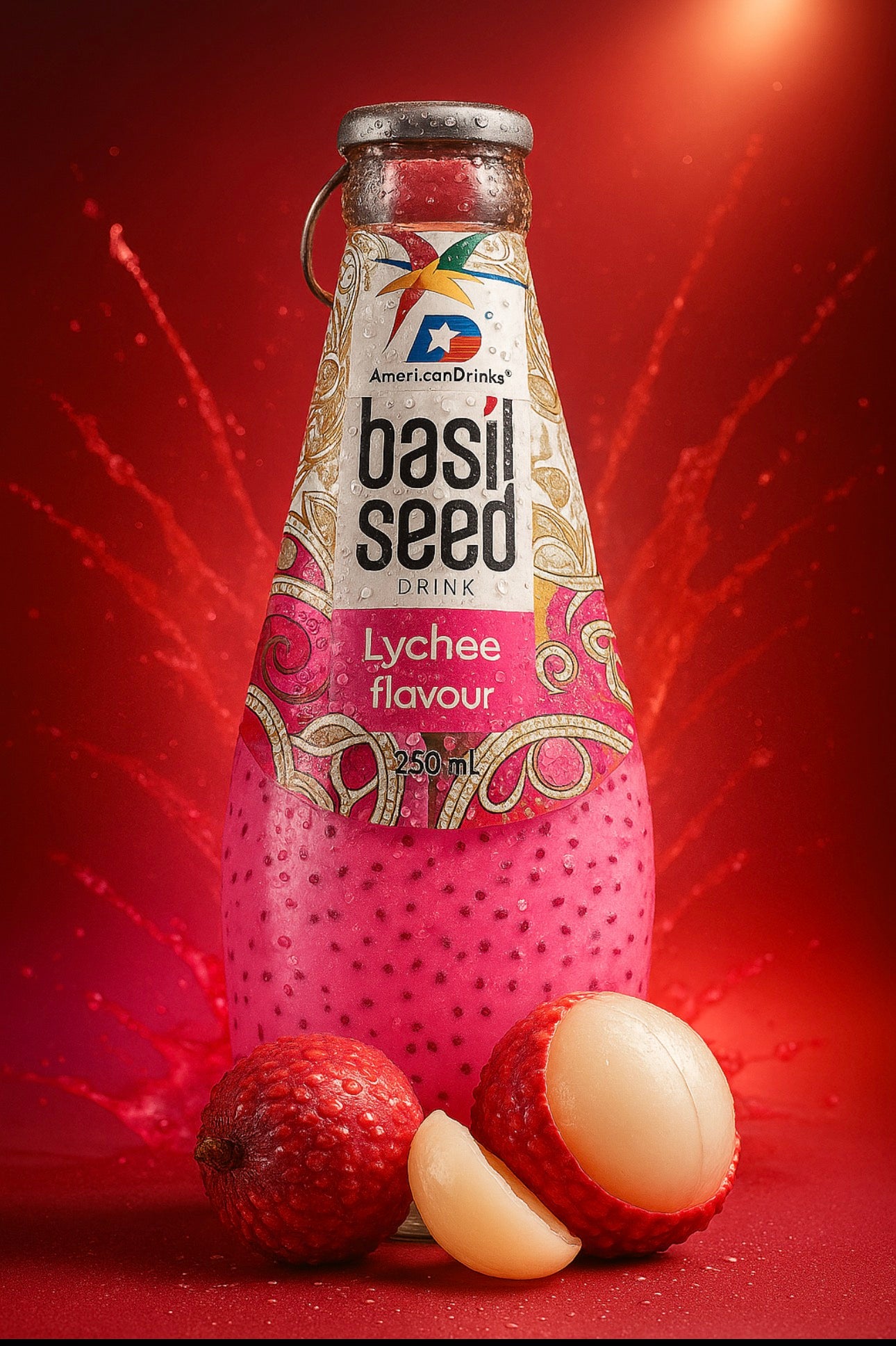 AmericanDrinks - Basil Seed Drink Lychee Flavour 0,29l Glasflasche (VITNAM / THAILAND)