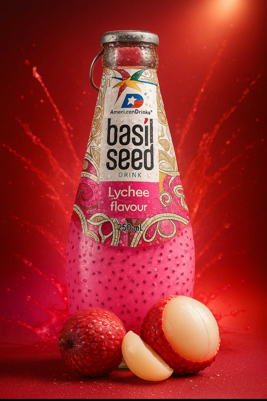 AmericanDrinks - Basil Seed Drink Lychee Flavour 0,29l Glasflasche (VITNAM / THAILAND)